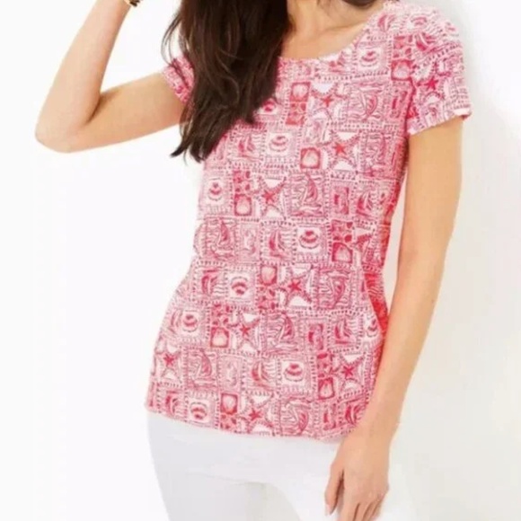 NWT Lilly Pulitzer Etta Scoop Neck Red Mizner Seaside Harbour Tee Size XXL - Picture 1 of 7